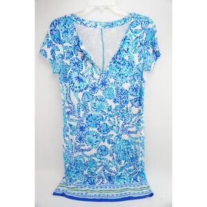 Lilly Pulitzer Womens Blue White Floral Print V Neck Short Sleeve Tunic Dress M